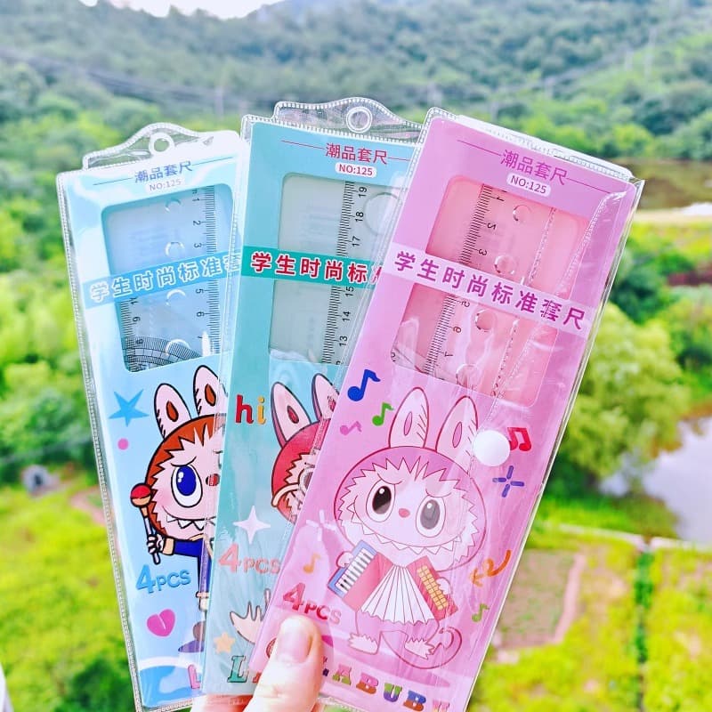 LABUBU 20cm hard set ruler cartoon cute LABUBU four-piece student stationery set school supplies wholesale