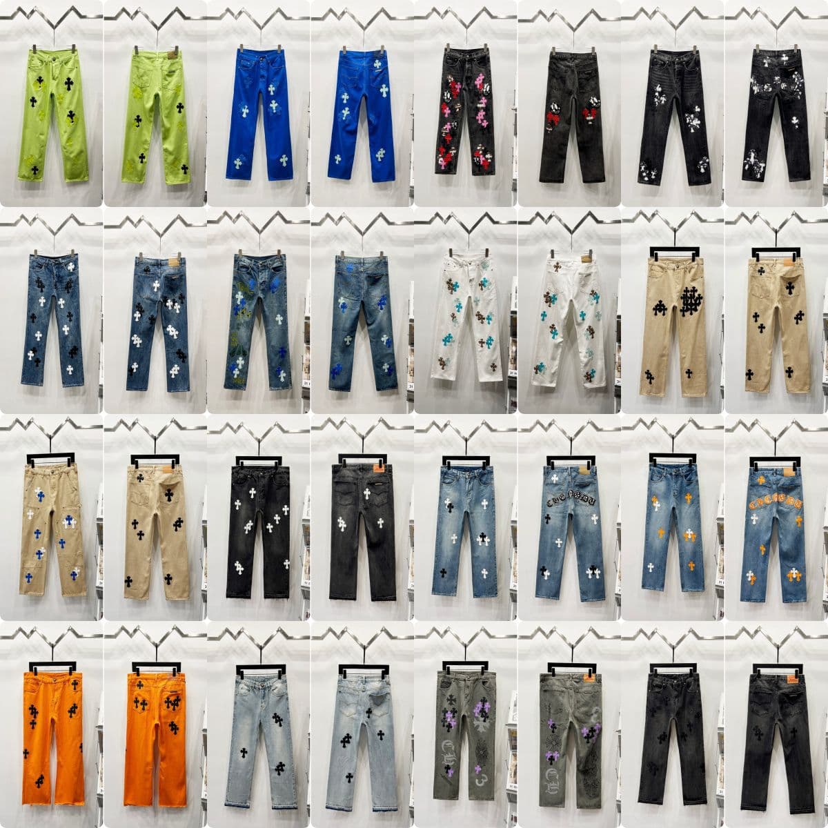 Chrome Heart Cross Leather Patch Washed Denim Jeans High Street Loose Fit Jeans Full Collection