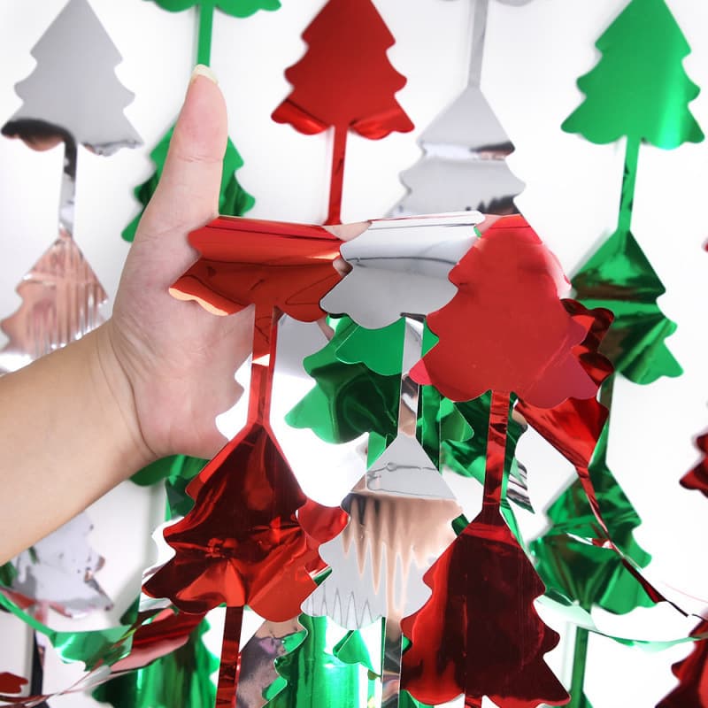 Christmas decorations, 2m glossy Christmas tree, rain curtain, New Year's Eve party decorations, red, silver, and green small tree background, tassel curtain.