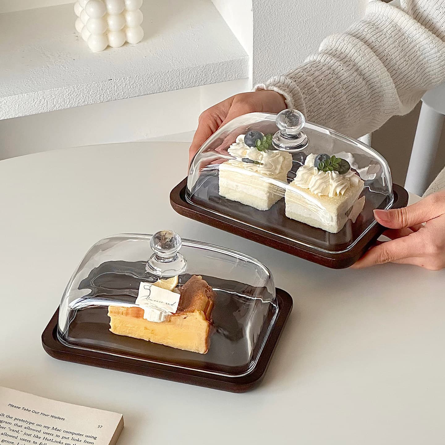 Wooden Bread Cake Tray Butter Box Cheese Storage Container with Glass Dust Cover Snack Organizer Baking Tool
