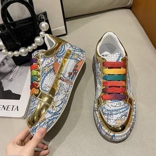 Colorful Rhinestone Graffiti Casual Skateboarding Shoes for Women Breathable Low Top Spring Autumn New Dad Shoes Fashion Flat Shoes
