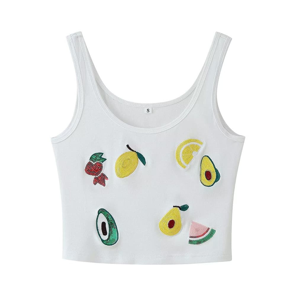 New Summer Women's Fashion European and American Style Simple Versatile Short Sequin Embroidered Vest Top