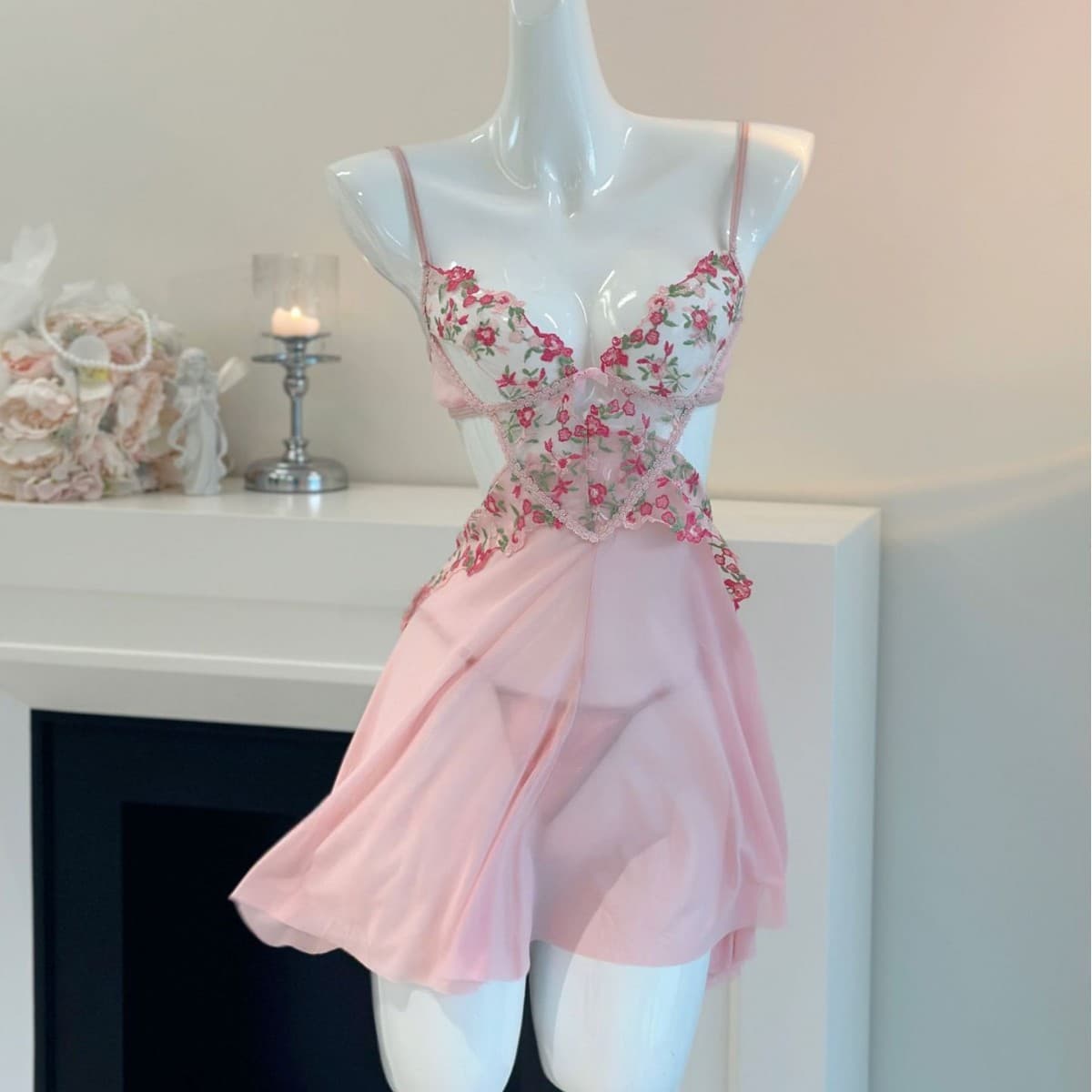 2026 New French Embroidery Floral Print Camisole Sleep Dress Mesh Date Night Lingerie Sexy Women's Summer Premium Style