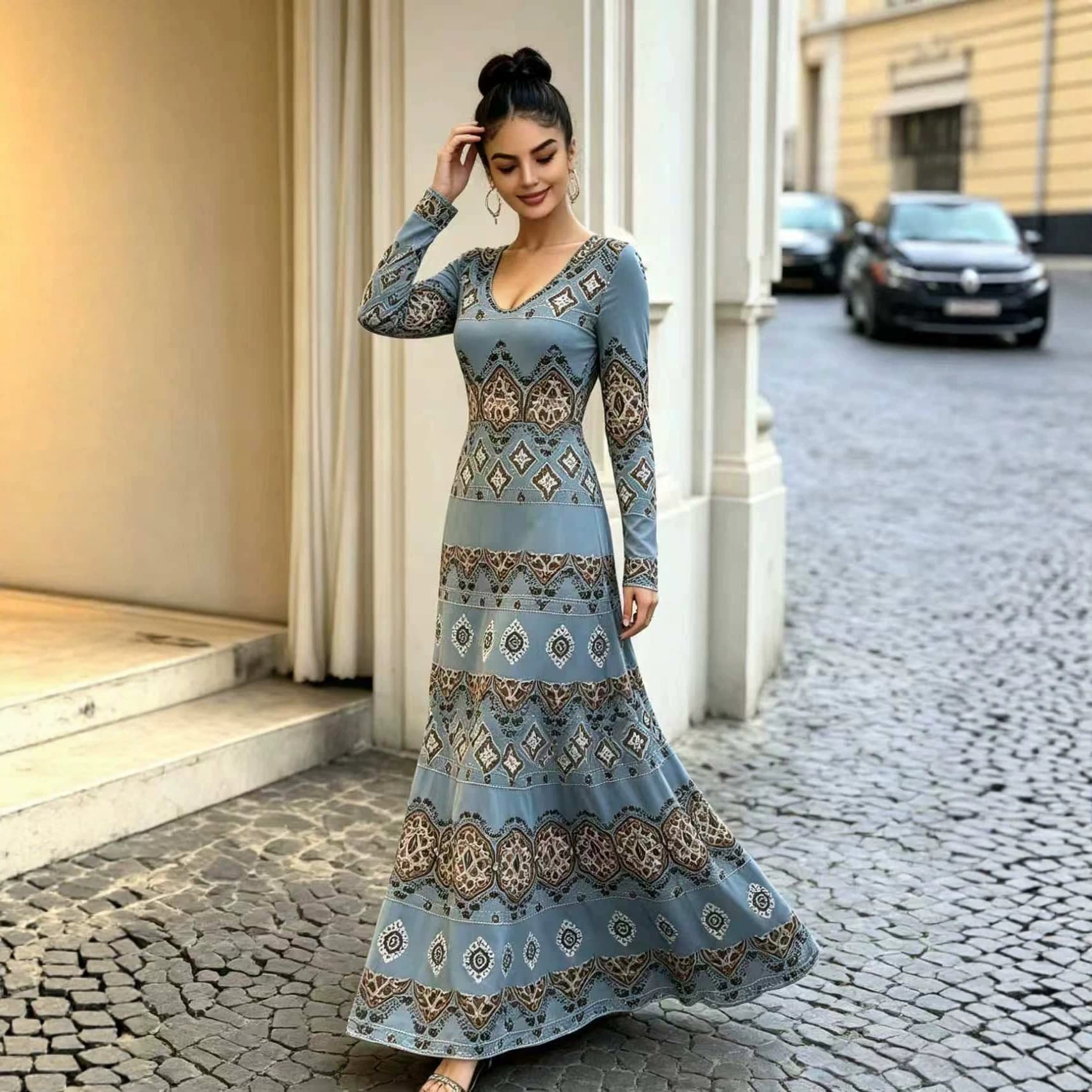 Retro totem print waist A-line long skirt with long sleeves for everyday holiday parties slimming long dress