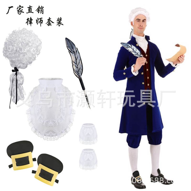 Holiday Costume Cosplay Washington Lawyer Wig Quill Pen Lace Cuffs Cufflinks Shoe Buckles Set