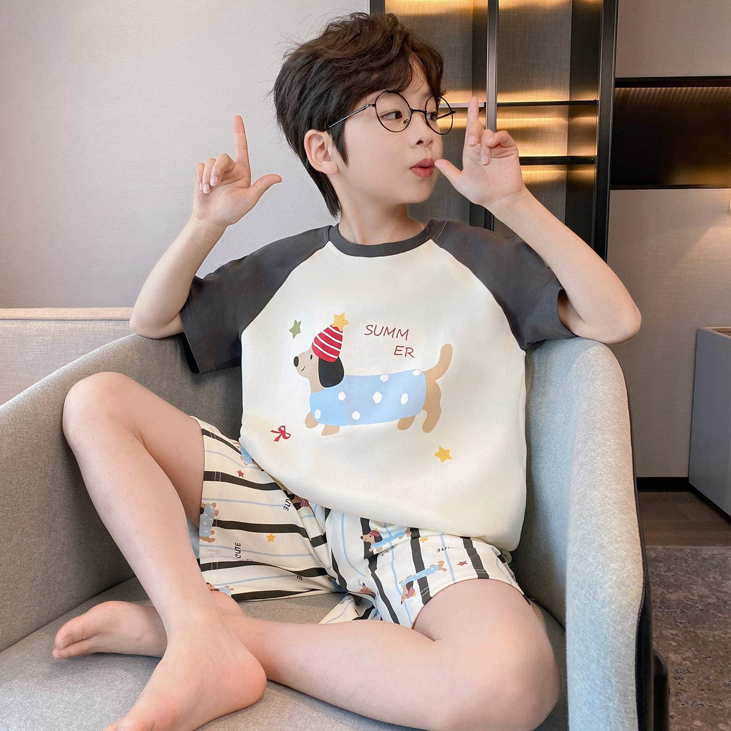 Boys' Pajamas 2026 New Summer Thin Striped Pure Cotton Short Sleeve Cartoon for Middle and Big Boys Homewear
