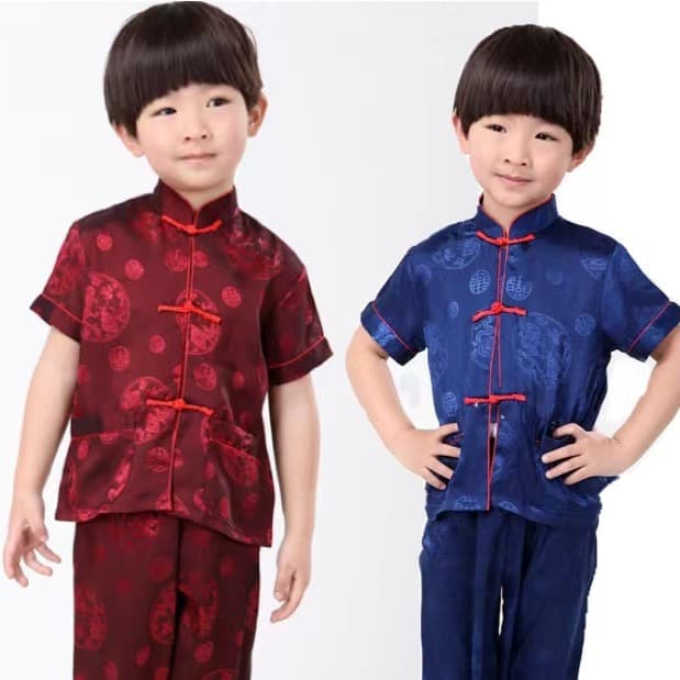 Clearance Sale Red Boys' Summer Wear, Short Sleeve Pants Tang Suit Set, Chinese Round Dragon Kung Fu Style
