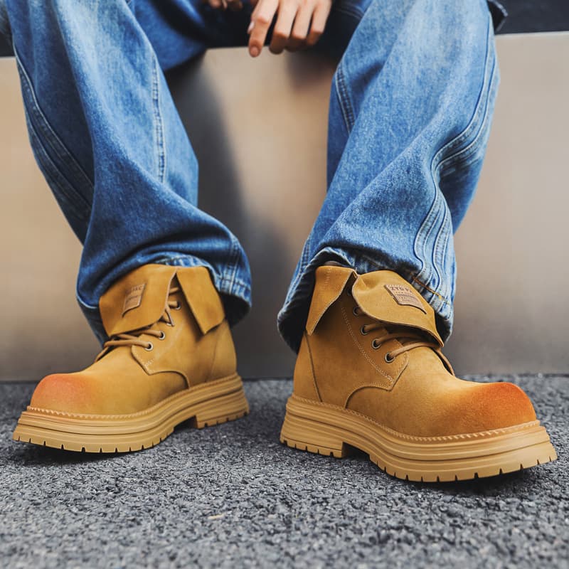 High-Top Fleece-Lined Martin Boots 2024 Winter New Height-Increasing Big Yellow Boots Retro Versatile Trendy Men's Shoes 44306-J