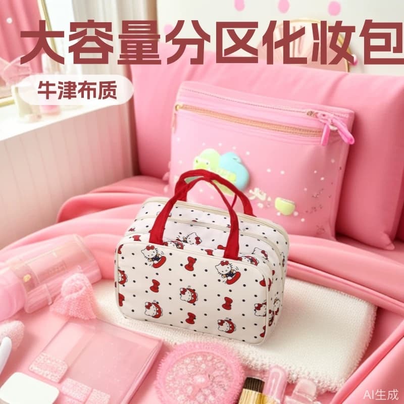 Cute Hello Kitty Makeup Bag 2026 New Large Capacity Storage Bag Portable Partitioned Toiletry Bag for Travel