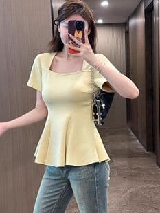 Plus Size Pure Desire Hot Girl Short Sleeve Black T-Shirt for Women, Summer, Belly-Hiding, Slimming Fishtail Top