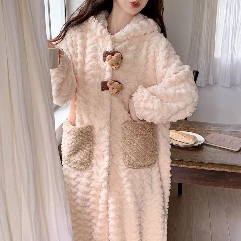 Korean-Style Cute Japanese Bear Pajamas for Women 2026 Winter Coral Fleece Thickened Robe Set with Hood Bathrobe