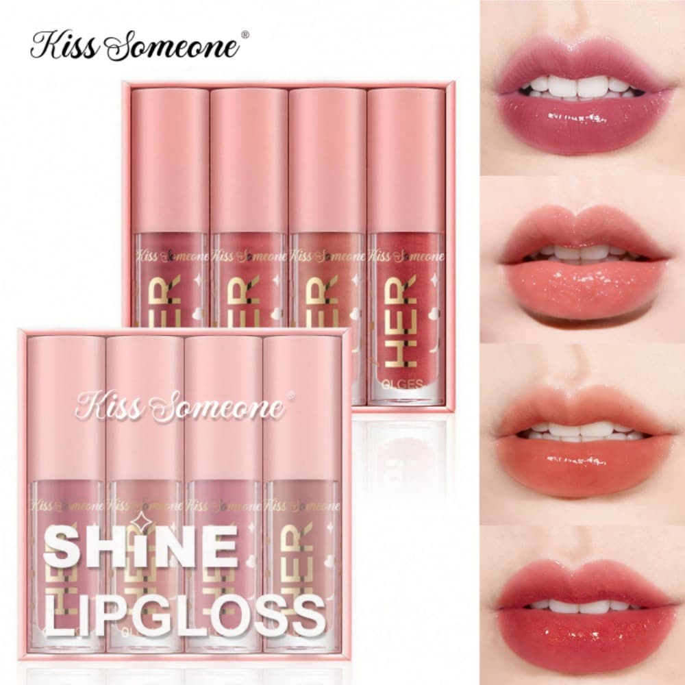 Cross-border Lip Gloss 4-Piece Pink Set Box Lip Glaze Foreign Trade Cosmetics Plump Lip Lip Makeup Glitter Lip Gloss Set