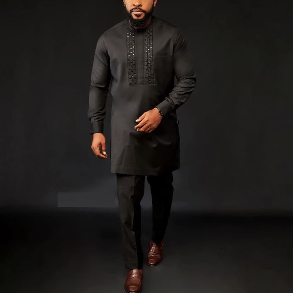New African ethnic style men's suit set, including a brick-print shirt and solid-color trousers, 2-piece set (in stock)