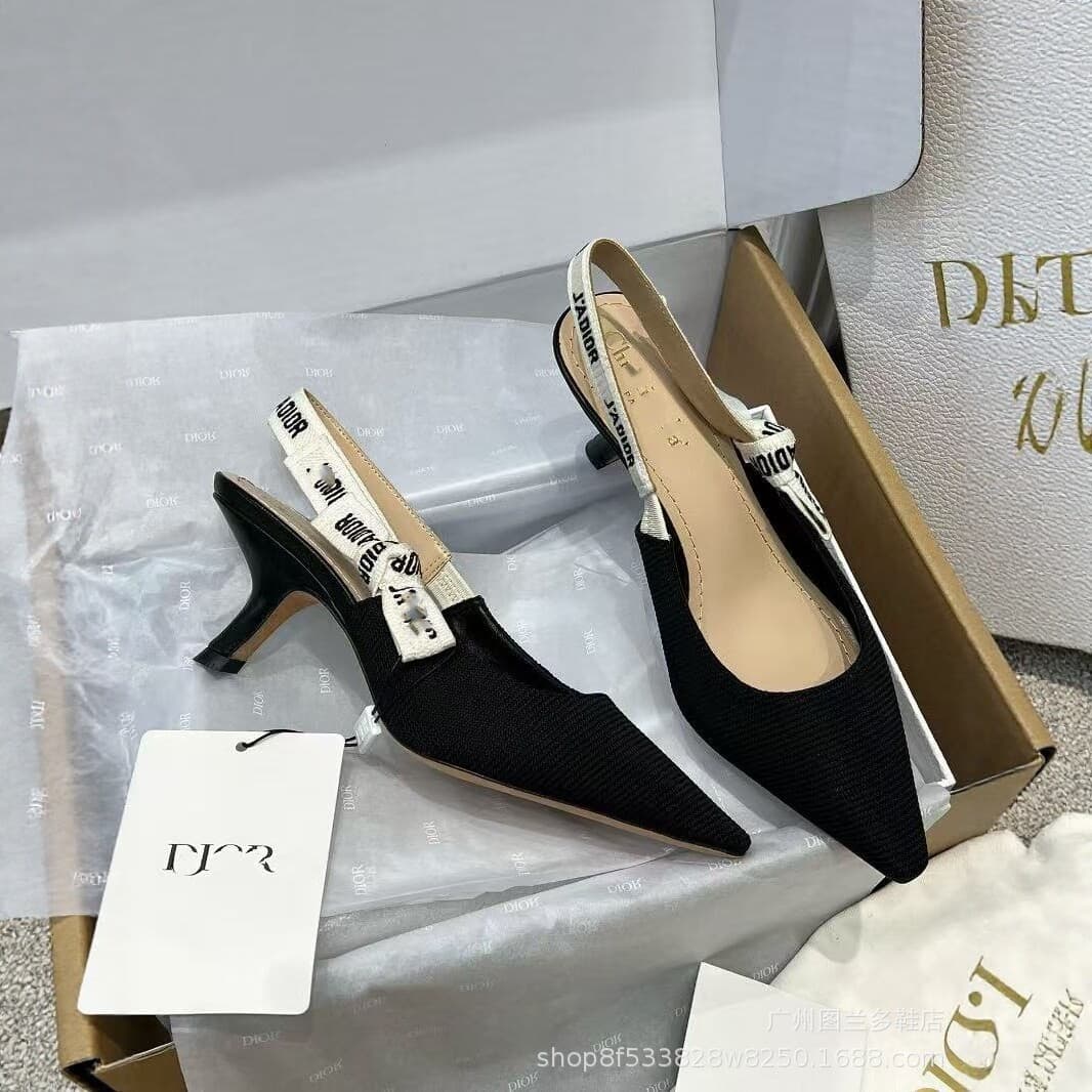 2024 New Dior Style Pointed Toe Thin Heel Letter Strap High Heels Women Elegant Shallow Mouth Shoes
