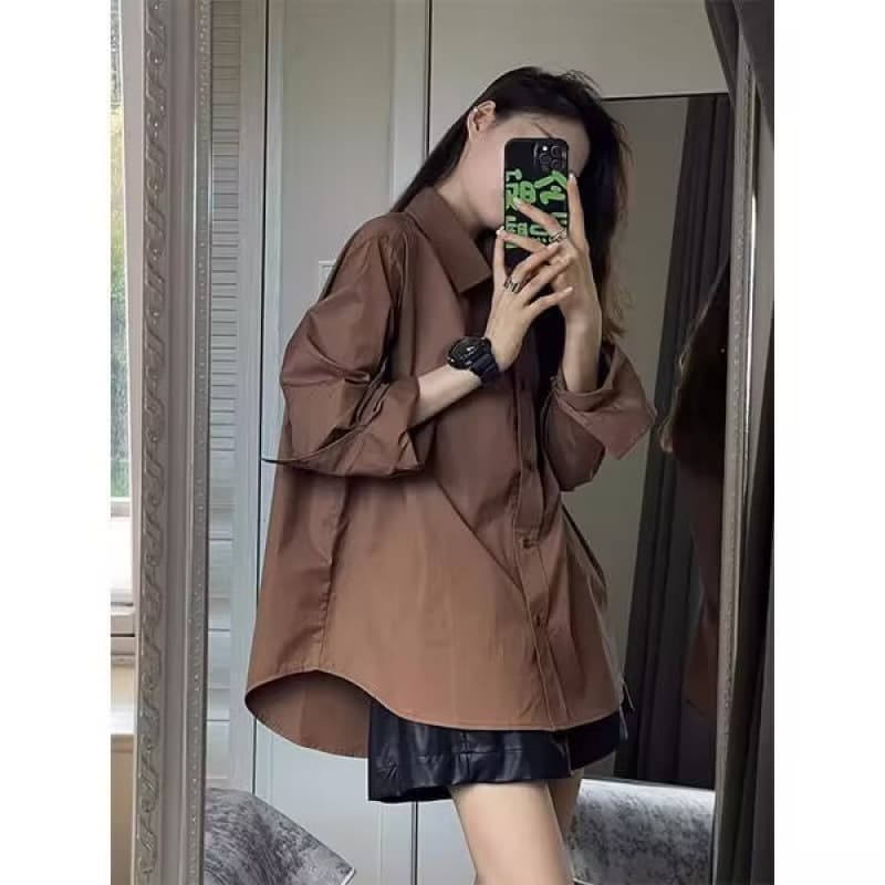 American Style Casual Plaid Shirt in Brown Long Sleeve 2026 Versatile Loose Fit New Relaxed Look Jacket Top