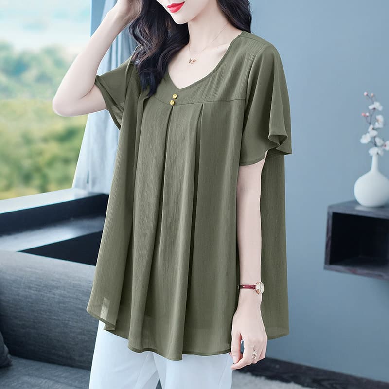 Slimming plus-size fashionable loose-fitting summer casual short-sleeved chiffon blouse for middle-aged and elderly women.