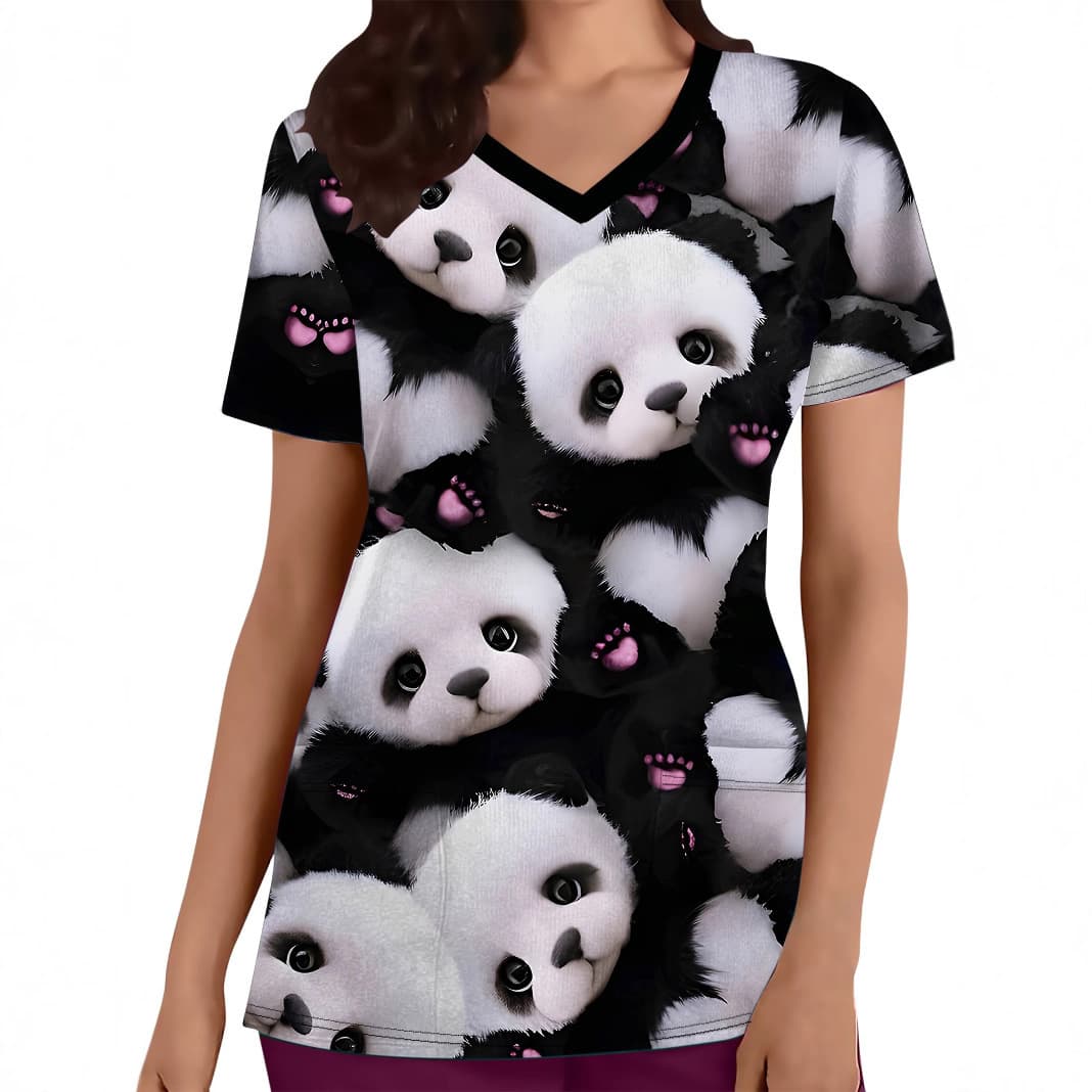 Animal 2025 Cross-Border Twill V-Neck Women's Short-Sleeve Printed Panda Casual Nurse Uniform