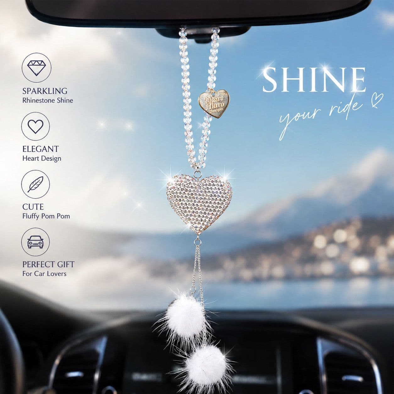 Women's Car Decoration Cute Bow Pompom Car Hanging Ornament Sparkling Rhinestone Heart Bow Car Interior Accessory