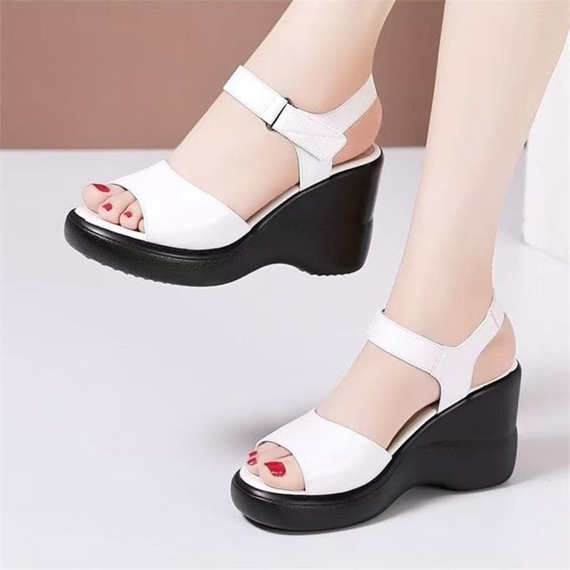 Versatile Velcro Fish-Mouth Sandals, Soft Leather Wedge Sandals for Women, 2026 New Style Platform Shoes, Thick-Soled Mom High Heels