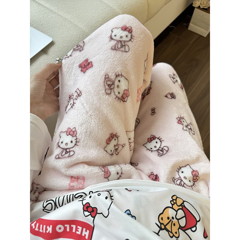 Cartoon Hello Kitty Flannel Sleep Pants for Women, New Autumn/Winter Style, Coral Fleece Thickened Fleece-lined Warm Casual Home Long Pants