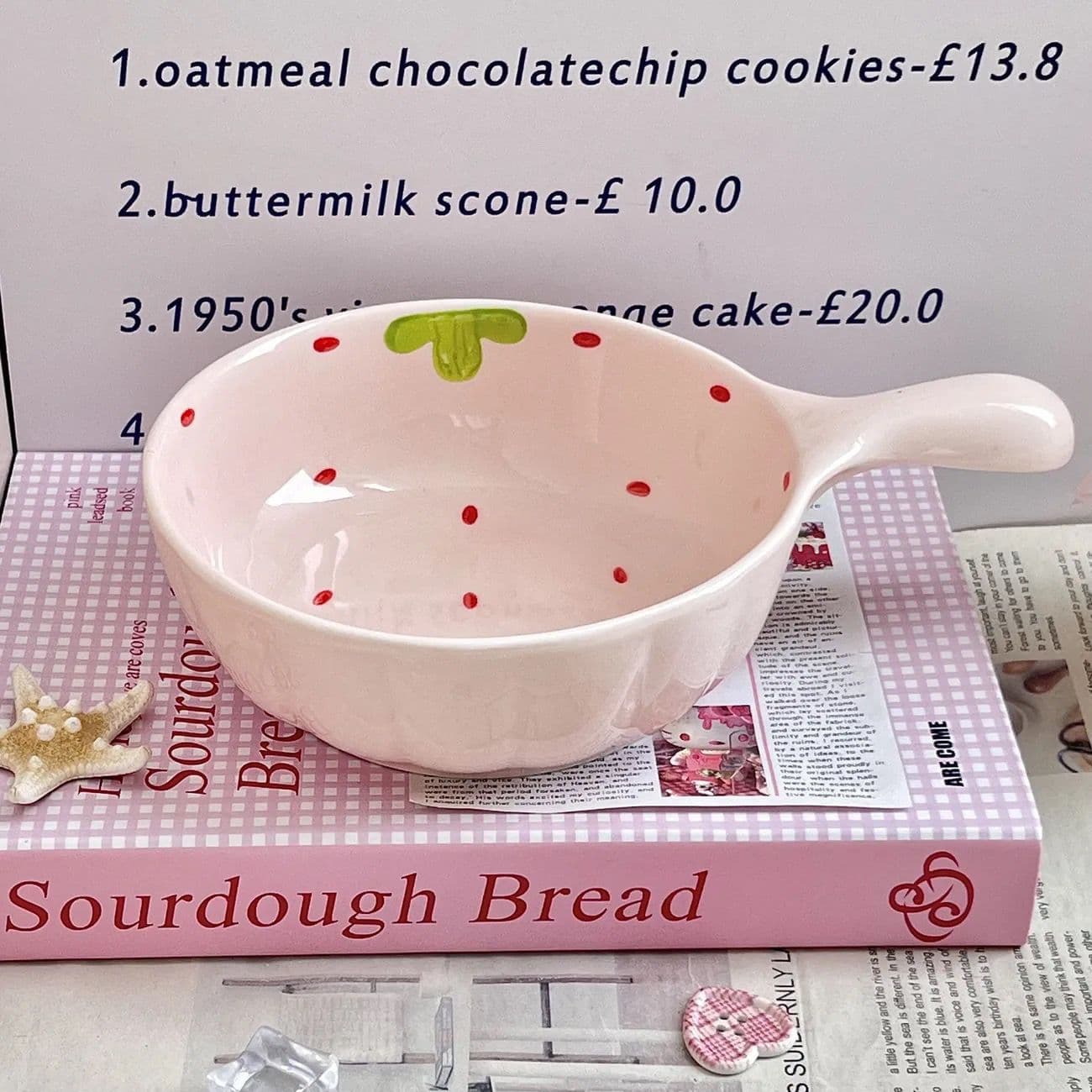 High Quality Underglaze Home Cute Ceramic Handle Bowl Rice Bowl Cream Strawberry Wisteria Handle Bowl Dinnerware