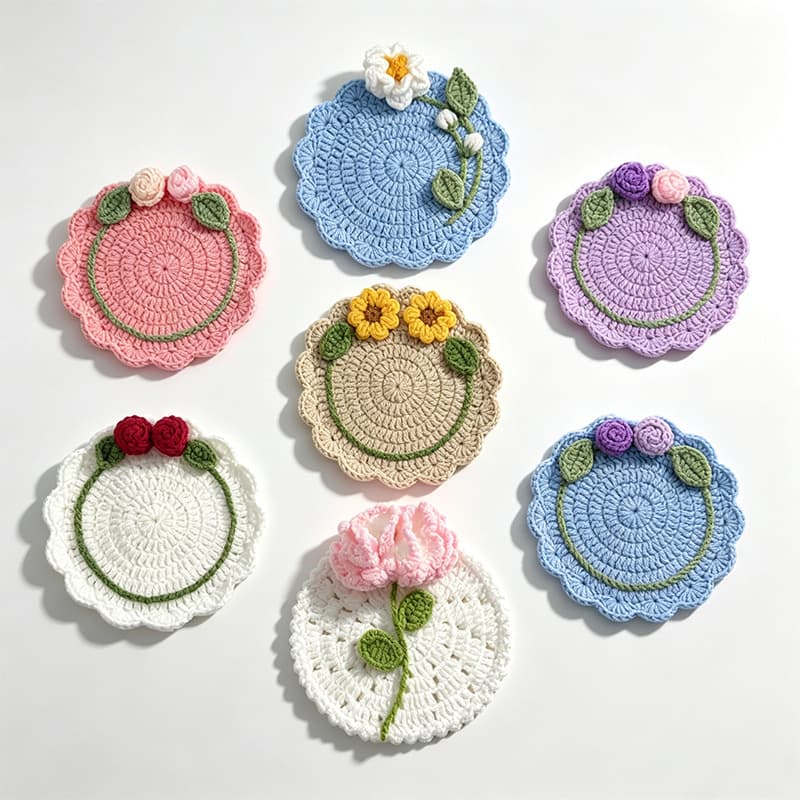 New Cross-Border Best-Selling Handmade Crochet Rose Coaster Table Woven Coaster Round Small Flower Heat Insulation Pad Placemat
