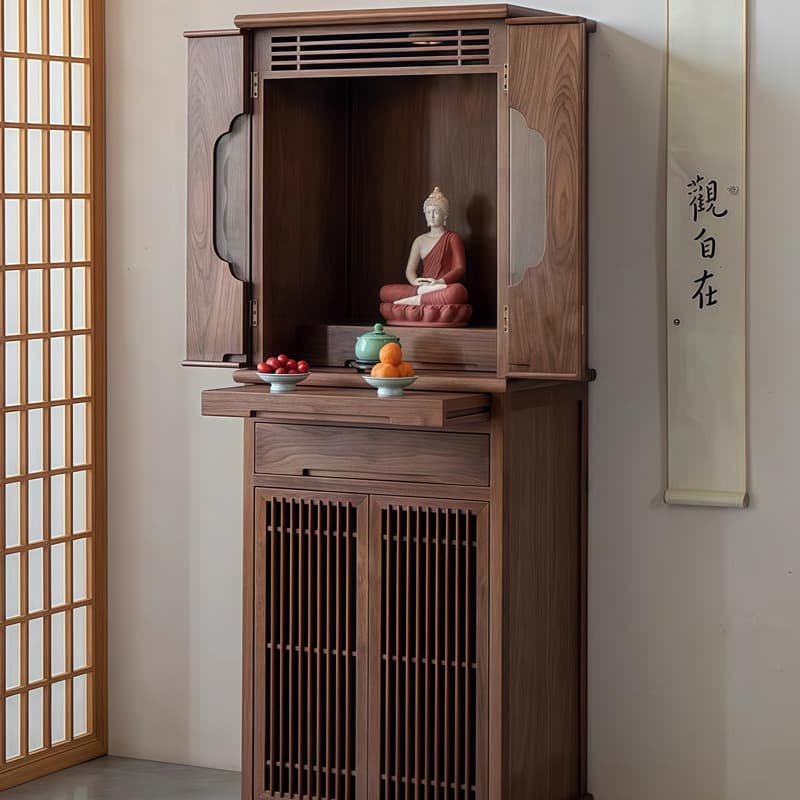 North American Black Walnut Solid Wood Shrine Cabinet - Integrated Buddhist Altar and Deity Table