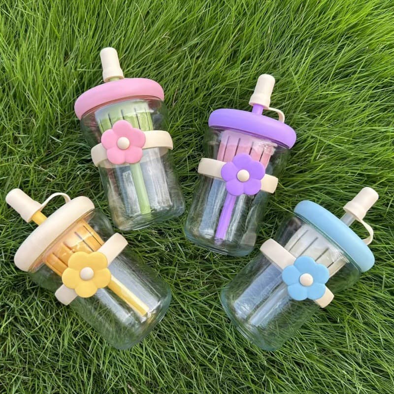 High appearance cold brew flower tea cup with filter, girls portable viral water cup, tea-water separation cup, straw glass cup