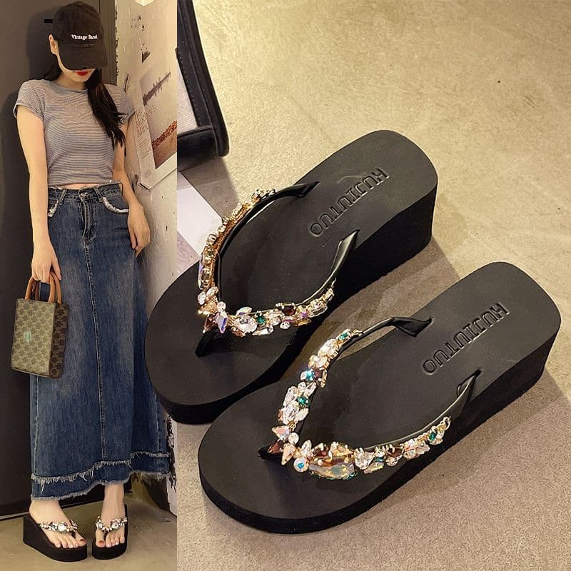 Women's Summer Flip Flops with Glass Rhinestones, Fashion High Heel Toe Separator Wedge Heightening Vacation Beach Sandals