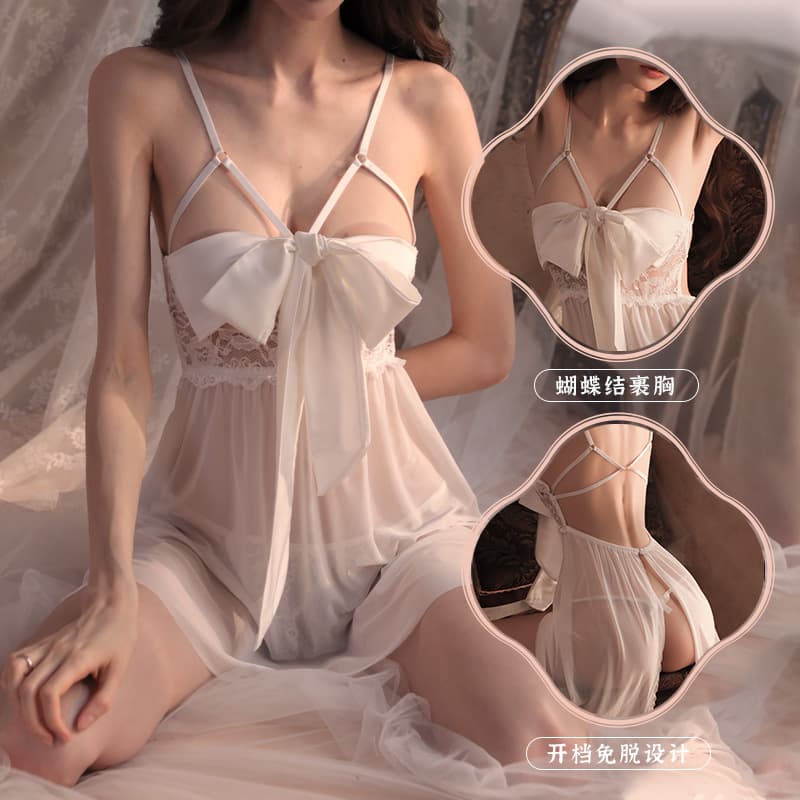 Sexy Lace Backless Uniform Seductive Butterfly Knot Nightgown Passion Set Women's Underwear Role Play Polyester Fabric Bagged Packaging