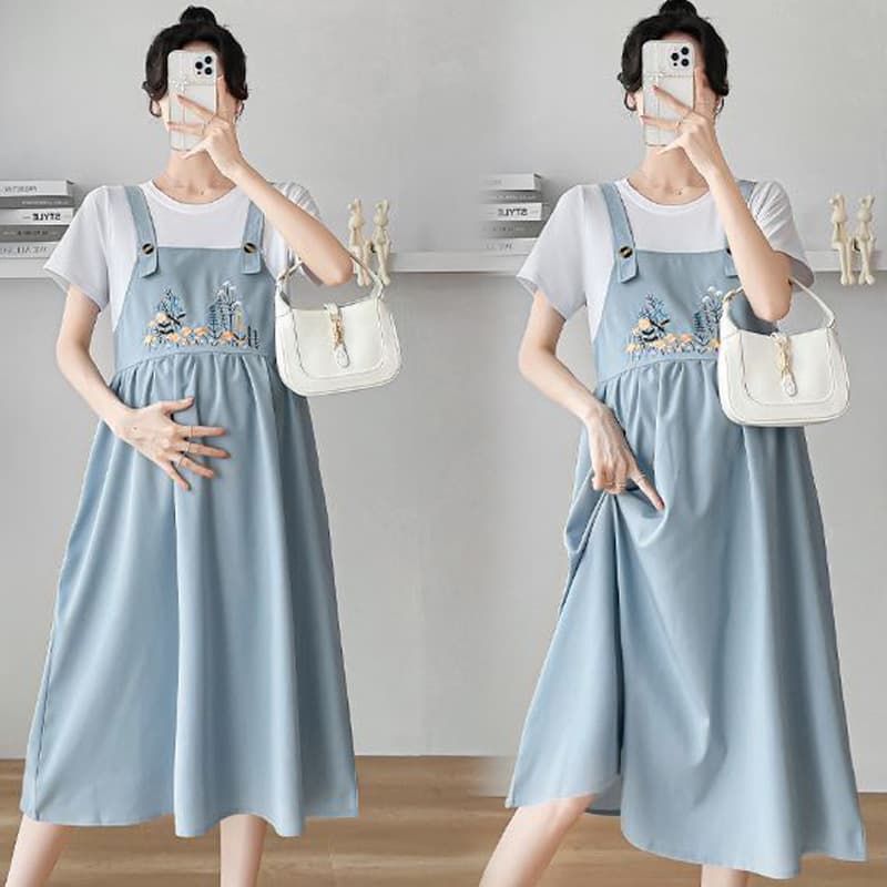 Maternity Dress with Spliced Fake Two-Piece Design, New Chinese Style Short-Sleeve Slimming Look, Belly-Covering Dress for Commuting and Outings