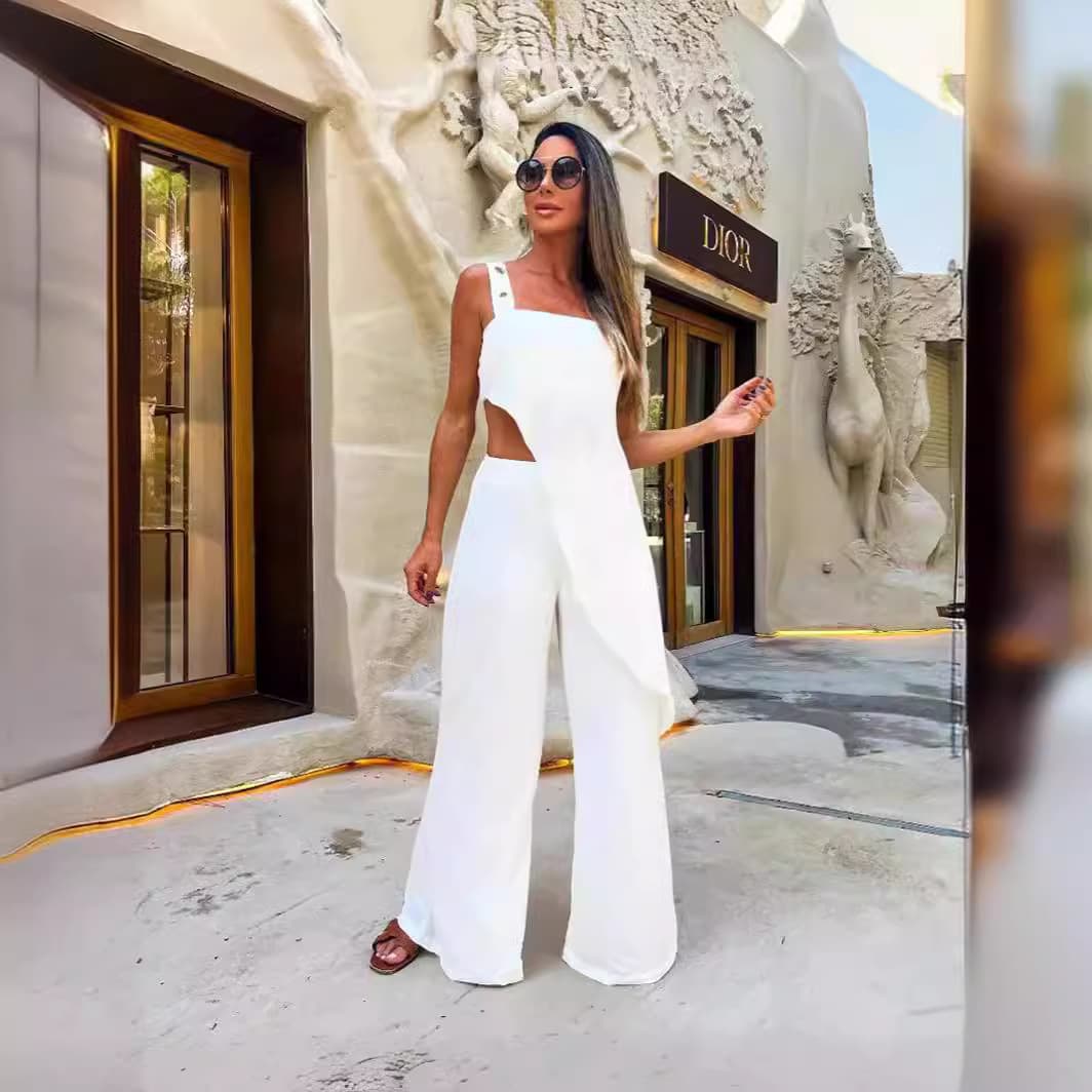Pure White Sexy Camisole Waist-Cutout Women's Jumpsuit Asymmetrical Hollow Floor-Length Jumpsuit 2026 Summer New Arrival