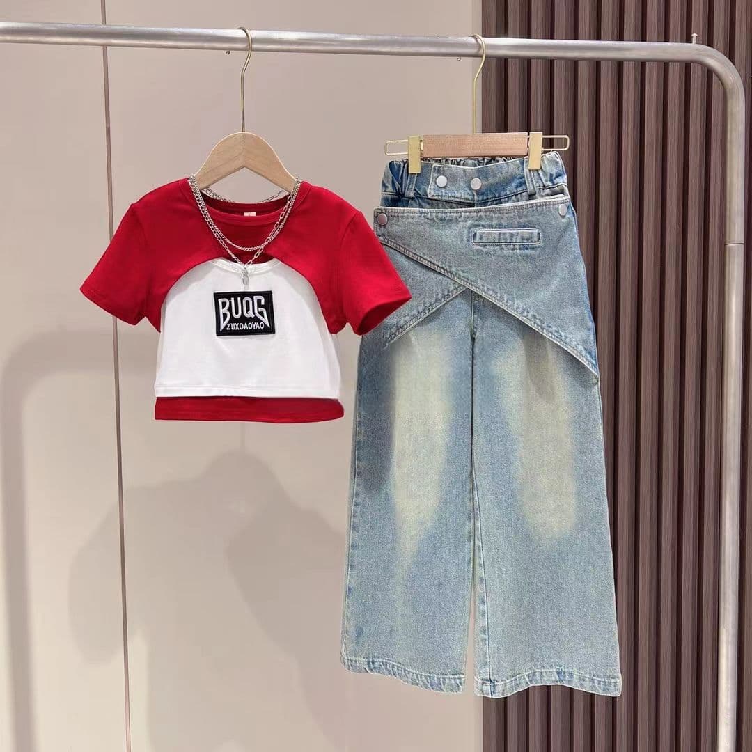 Girls Summer Outfit Set 2025 New Trendy Children's Stylish T-Shirt Summer Girls Fashionable Jeans Two-Piece Set