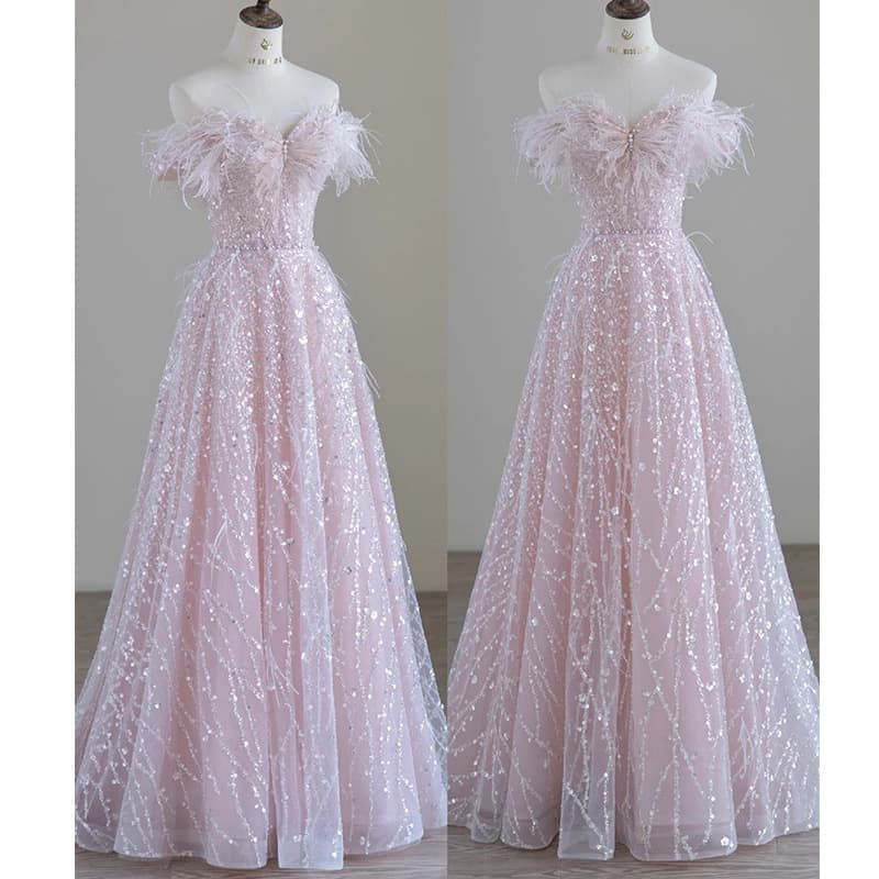 Pink Feather One-Shoulder Princess Dress Gown with Sequins, High-End Light Luxury Banquet Long Dress for Birthday and Coming-of-Age Ceremony