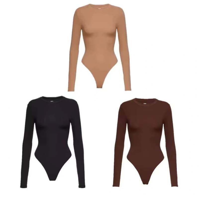 Skims Kardashian Jennie Style Long-Sleeved One-Piece T-Shirt for Women, Pure Cotton Slimming Top