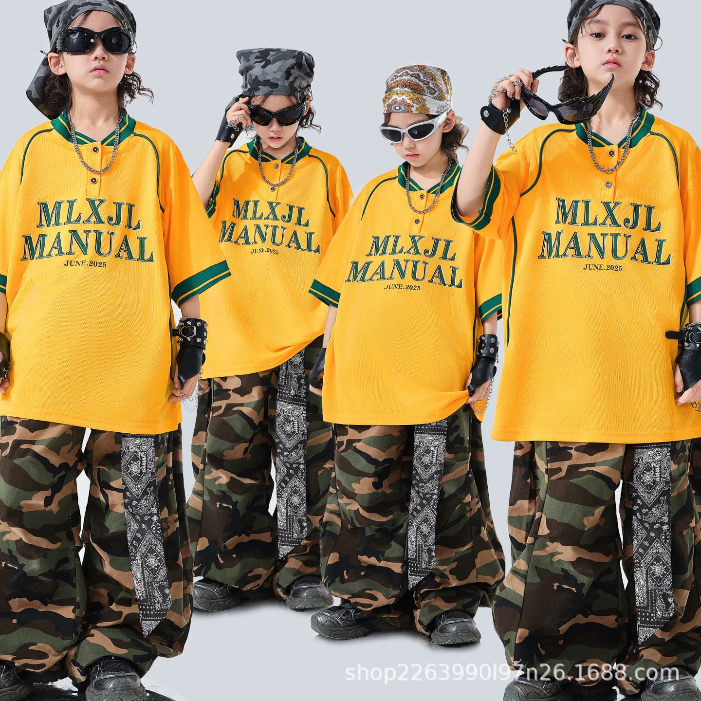 Street dance children's trendy clothing boys cool and handsome drum set yellow suit hiphop performance clothing hip-hop children's jazz dance