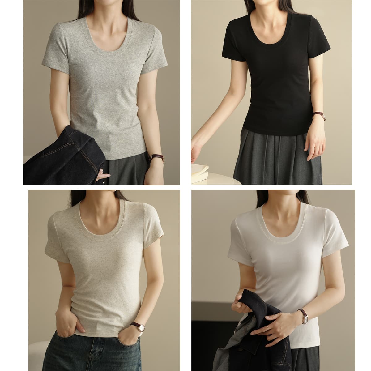 Women's U-Neck Short Sleeve T-Shirt, Cotton Fitted Round Neck Top, Solid Color Versatile Tee, Spring and Summer Women's Clothing