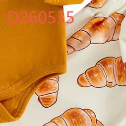 Baby Autumn Croissant Three-piece Set Flying Sleeve Embroidered Bag Butt Garment Printed Croissant Trousers Headband Baby Girl Set
