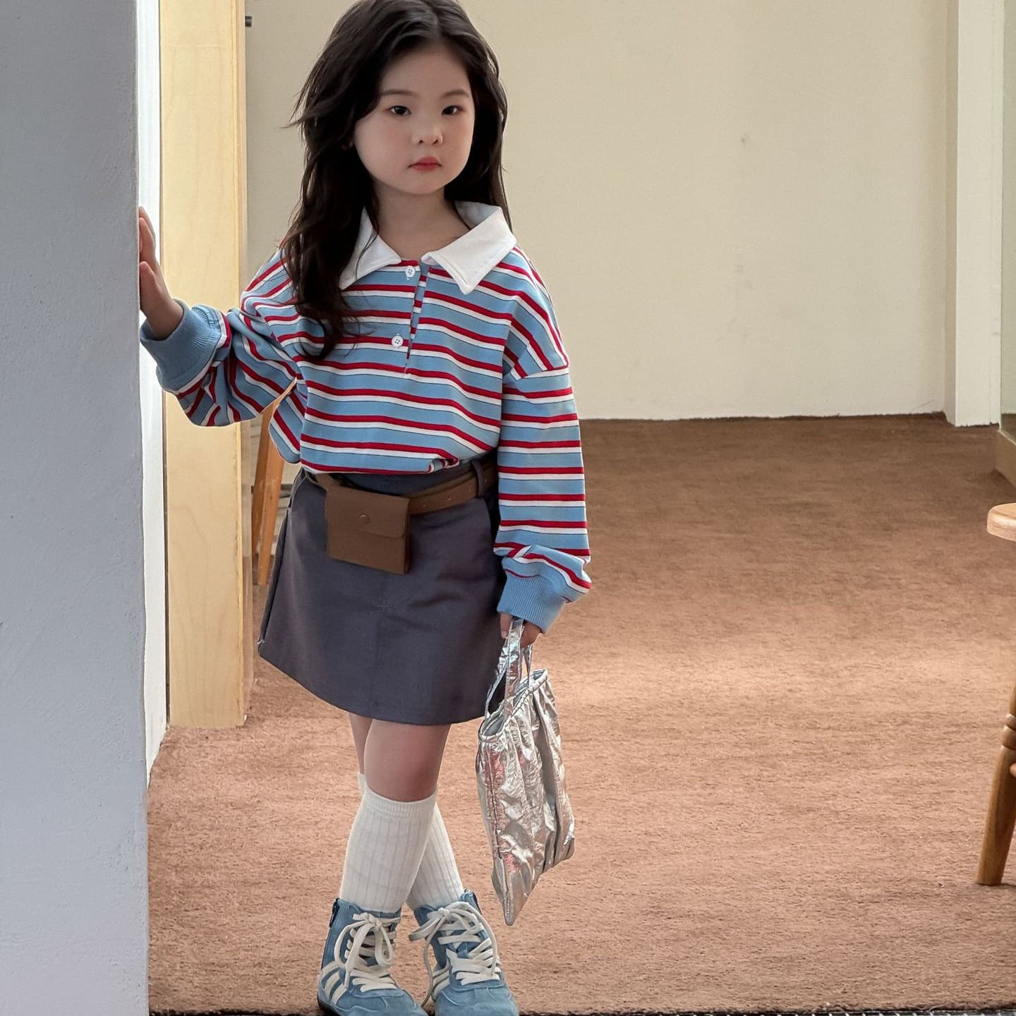 2025 Autumn New Children's Clothing, Korean Style, Girls' Striped Retro Polo Collar Long-Sleeve Sweatshirt, Polo Shirt