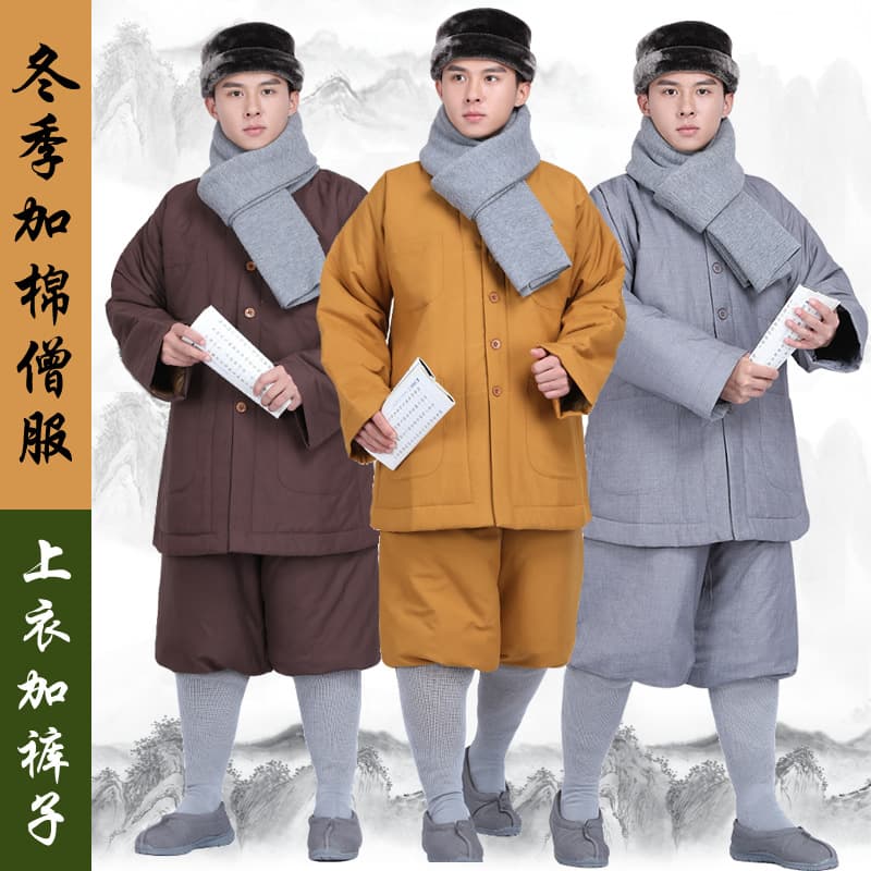 Hongpu Brand Wholesale Winter Top and Pants Set for Men and Women Thick Cotton Monk Robe Warm Quilted Jacket Short Gown