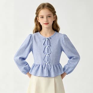 Cross-border Spring/Autumn Girls' Plaid Long-Sleeve T-Shirt with Multiple Front Bowknots, Puff Sleeves, Waist-Tied, and Ruffle Short Top