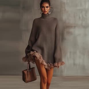 2025 Fall New Arrival Amazon Europe and America Cross-Border Knit High Neck Ruffle Patch Long Sleeve Gray Sweater