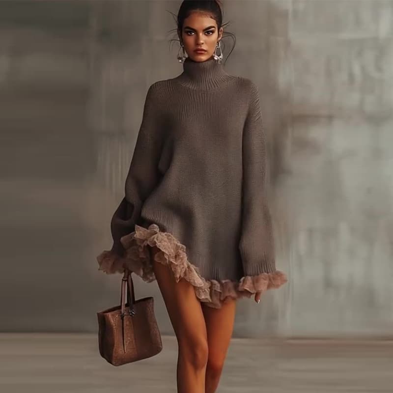 2025 Fall New Arrival Amazon Europe and America Cross-Border Knit High Neck Ruffle Patch Long Sleeve Gray Sweater