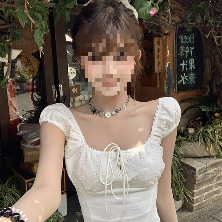 Lace Square Neck Bubble Sleeve Top Summer 2025 New Design Trendy Streetwear T-Shirt Short Sleeve