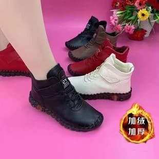 Women's Winter Cotton Shoes, Size 45, Hand-Stitched, Cowhide Soft Sole, Hook-and-Loop Closure, European and American Style, Lined and Padded, Warm Mother Shoes