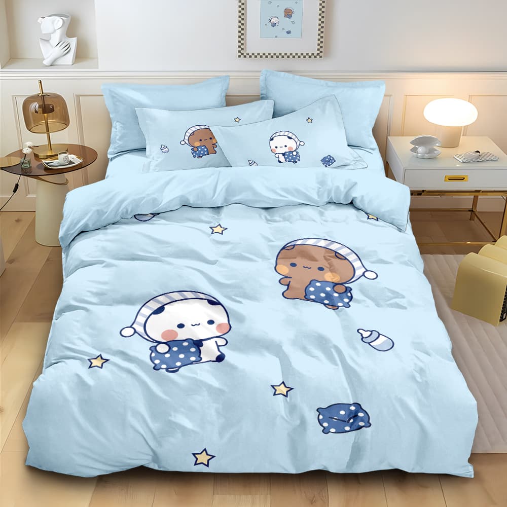 Yier Bubu Pure Cotton 4-Piece Bedding Set, Cute Couple Bedroom Duvet Cover, 100% Cotton, Female Student Dormitory Flat Sheet or Fitted Sheet