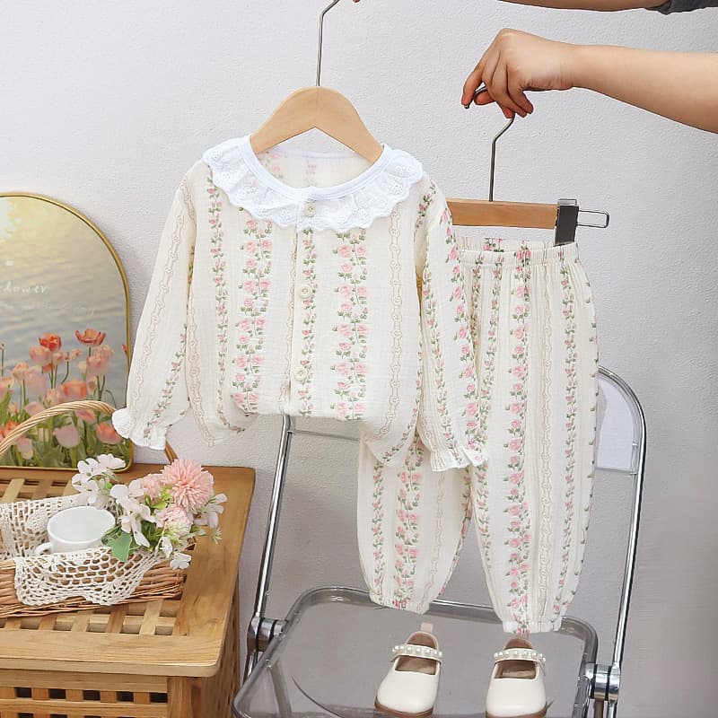 Girls' Double-Layer Gauze Long-Sleeve Cotton Pajama Set, Lightweight Cotton Sleepwear, Baby Air Conditioning Wear, Sweet Floral Pajamas