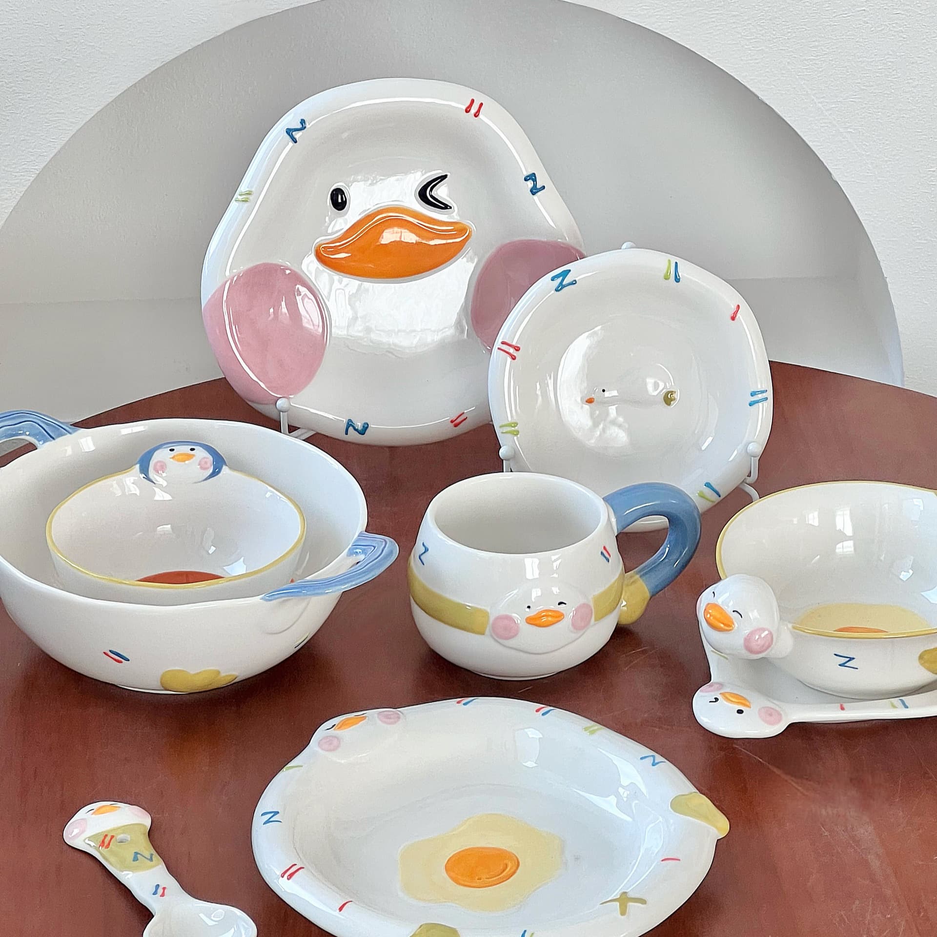 Lying Flat Duck Cute Tableware Set, Adorable Household Ceramic Rice Bowl, Embossed Underglaze Soup Plate, Large Soup Bowl, Cup