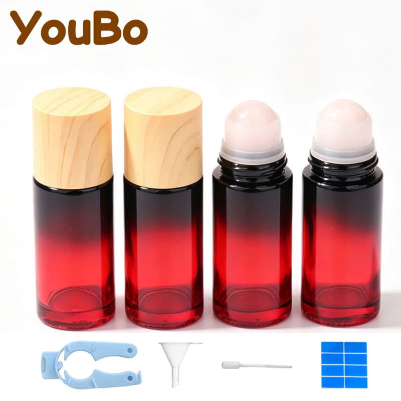 50ml Wood Grain Cap Straight Round Gradient Glass Roller Bottle, Pink Crystal Roller Ball, Essential Oil Roller Bottle, Pain Relief Roller, Deodorant Bottle
