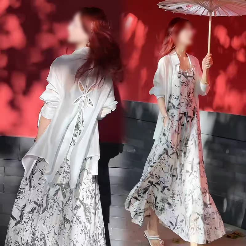 CS186 Plus Size Women's Long-Sleeve Sun Protection Jacket Blouse Chiffon Camisole Dress Set for Curvy Ladies Long-Sleeve Chiffon Top